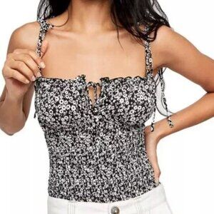 FREE PEOPLE Bardot Bodysuit Black Combo Floral Tie Straps